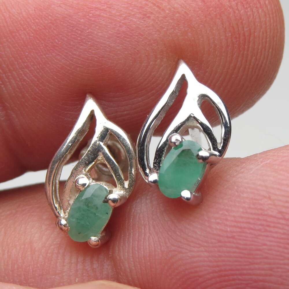 *925 Sterling Silver Genuine Emerald Earring Studs
